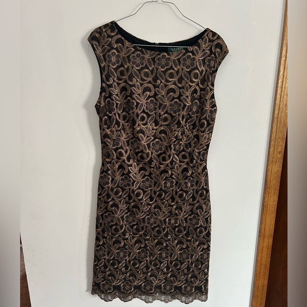 Lauren Ralph Lauren Black and Gold Floral Lace Mini Dress